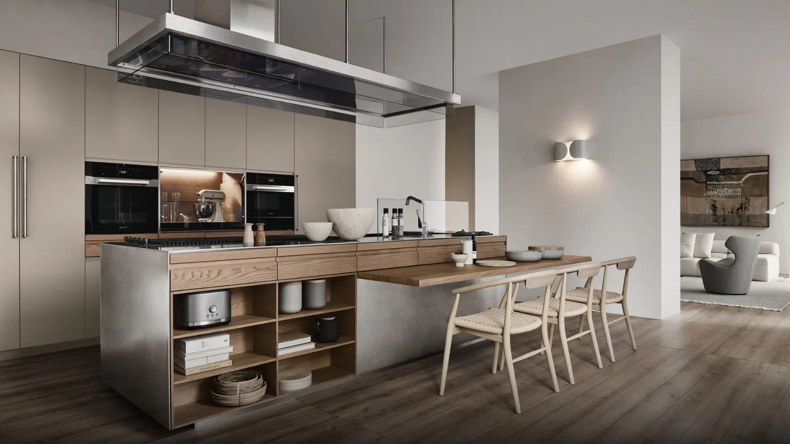Design Kitchen in steel, wood, and Fenix NTM® hazelnut Convivium with integrated snack by Arclinea