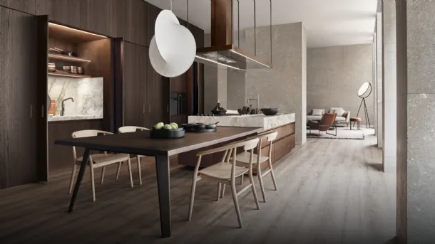 Convivium Design Kitchen in Wood, Steel, and Marble with Integrated Table by Arclinea
