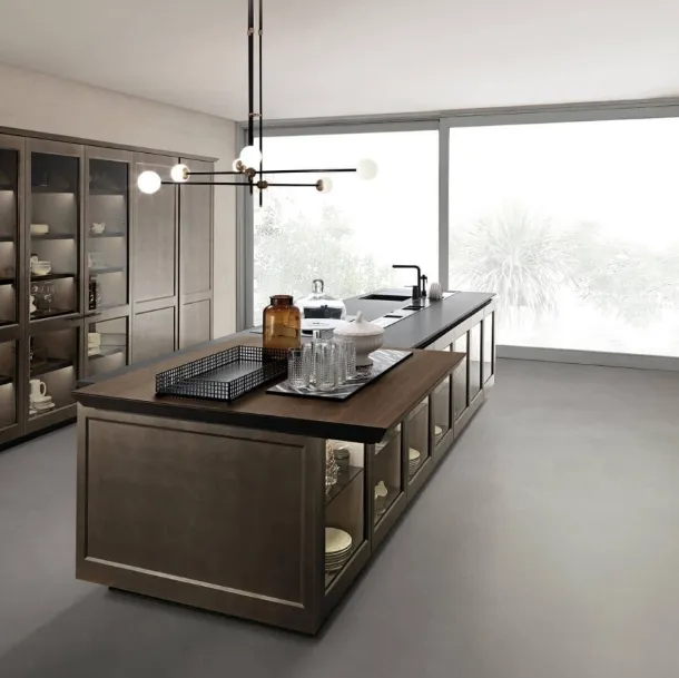 Filò Project 2 Design Kitchen with island in oxidized matte lacquer and Euromobil glass