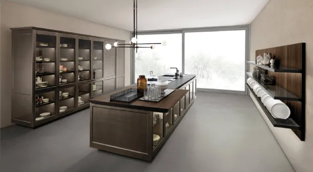 Filò Project 2 Design Kitchen with island in oxidized matte lacquer and Euromobil glass