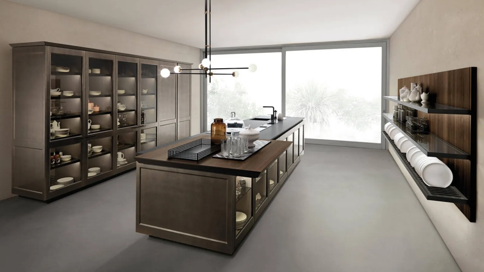 Filò Project 2 Design Kitchen with island in oxidized matte lacquer and Euromobil glass