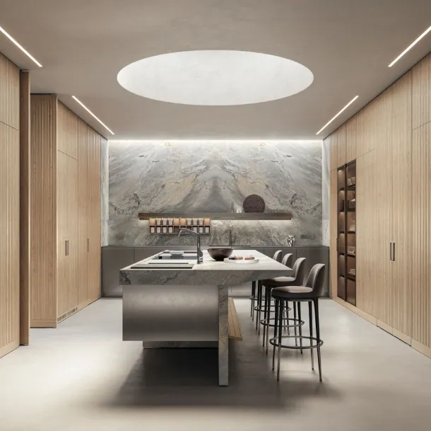 Design Kitchen with Lignum et Lapis island in wood, steel, and marble by Arclinea