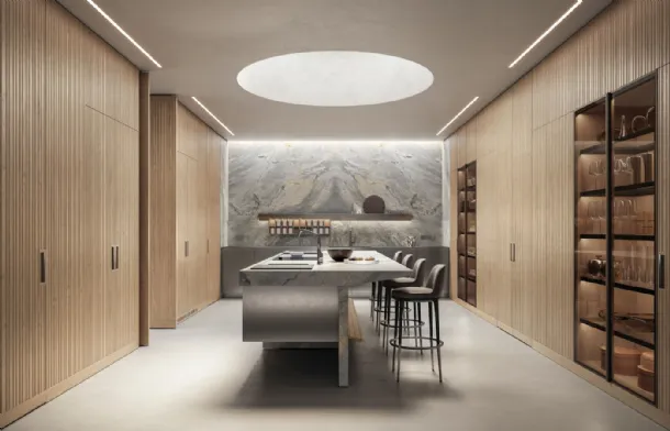 Design Kitchen with Lignum et Lapis island in wood, steel, and marble by Arclinea