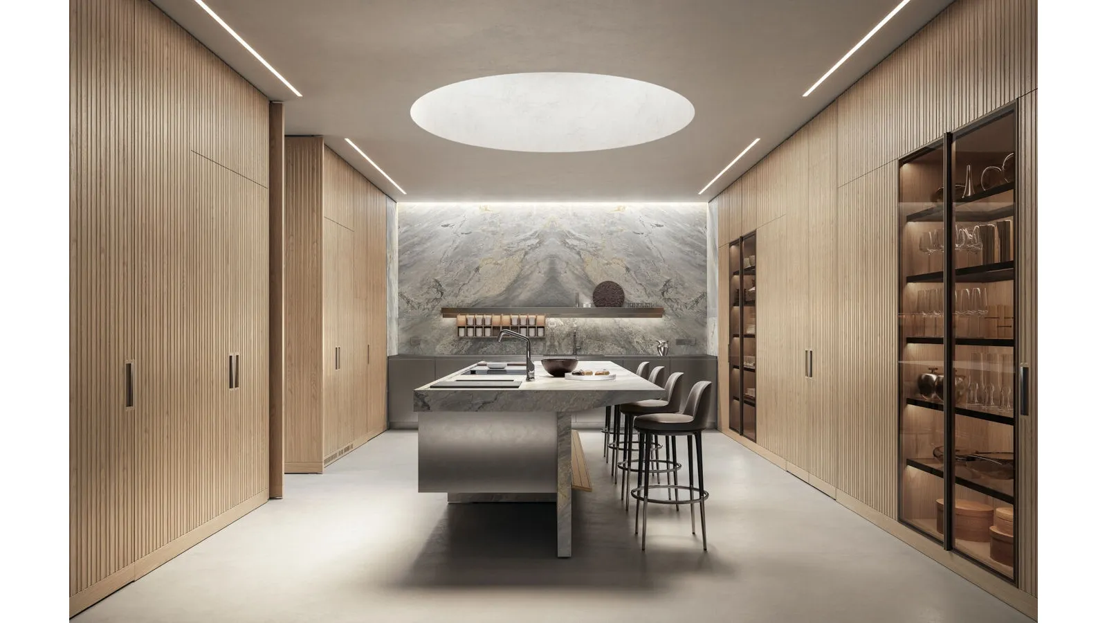 Design Kitchen with Lignum et Lapis island in wood, steel, and marble by Arclinea