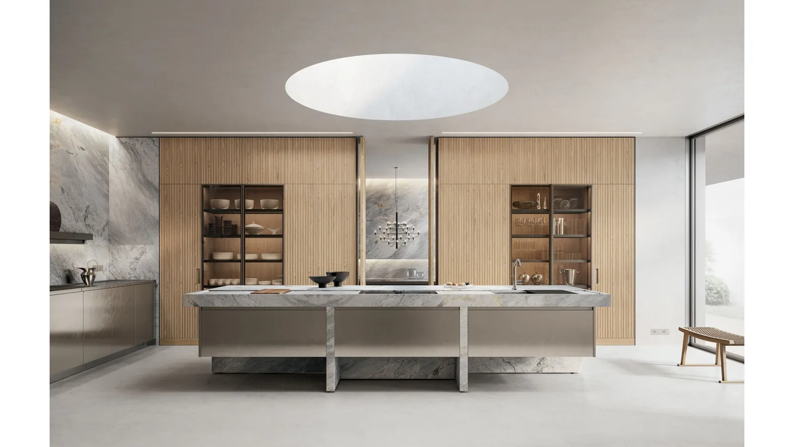 Design Kitchen with Lignum et Lapis island in steel, wood, and marble by Arclinea