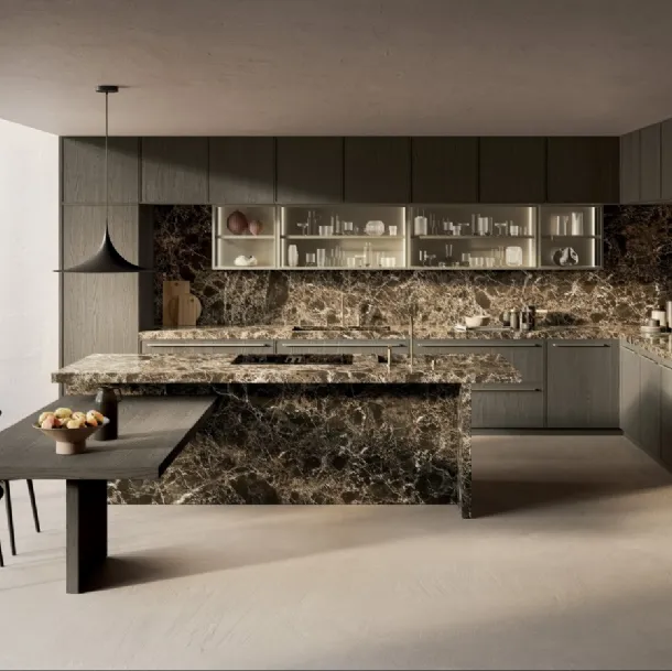 Margo Project 3 Design Kitchen in Sandblasted Lead Oak and Polished Emperador Marble by Euromobil