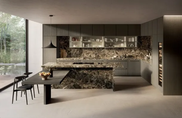 Margo Project 3 Design Kitchen in Sandblasted Lead Oak and Polished Emperador Marble by Euromobil