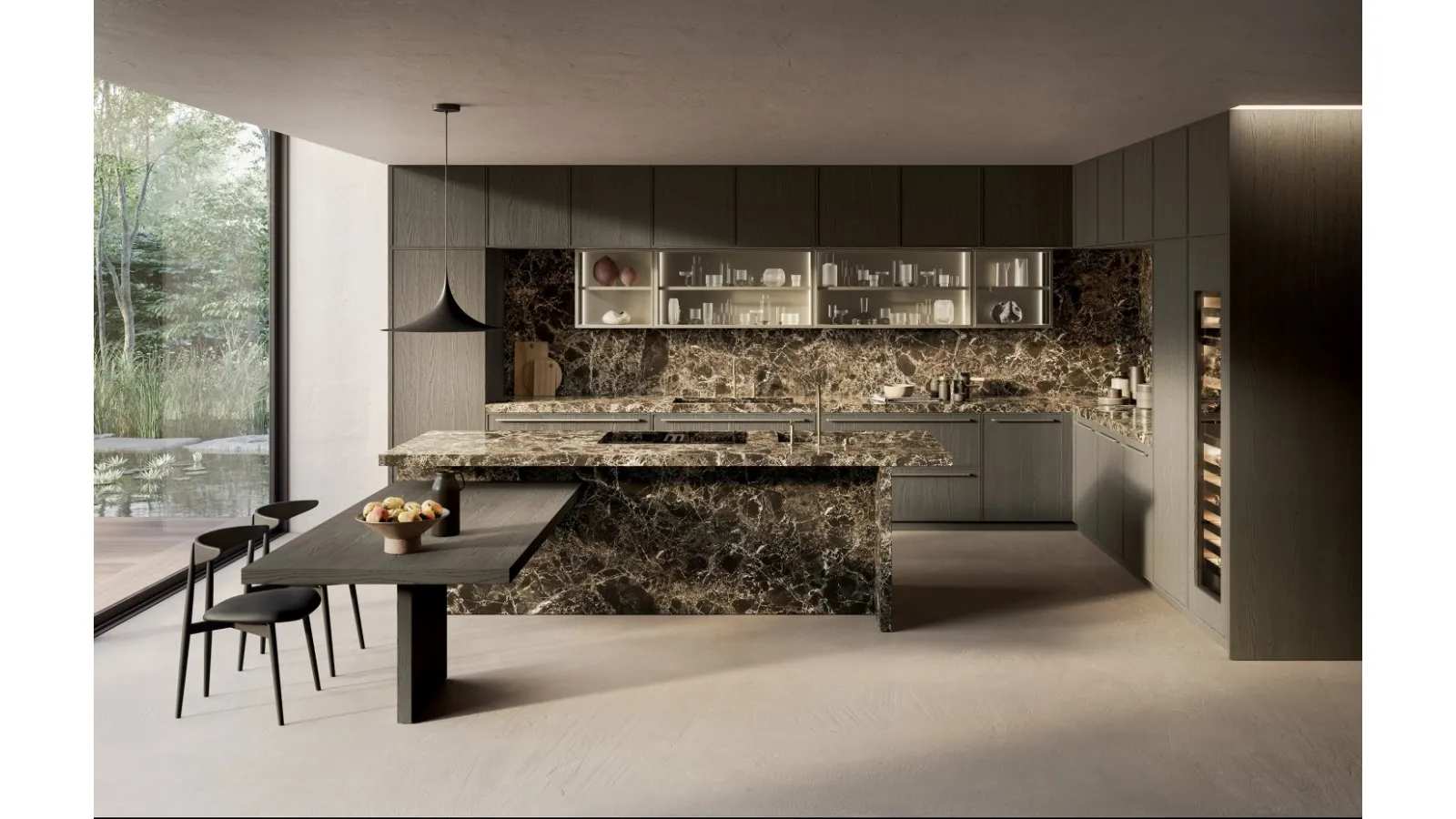 Margo Project 3 Design Kitchen in Sandblasted Lead Oak and Polished Emperador Marble by Euromobil
