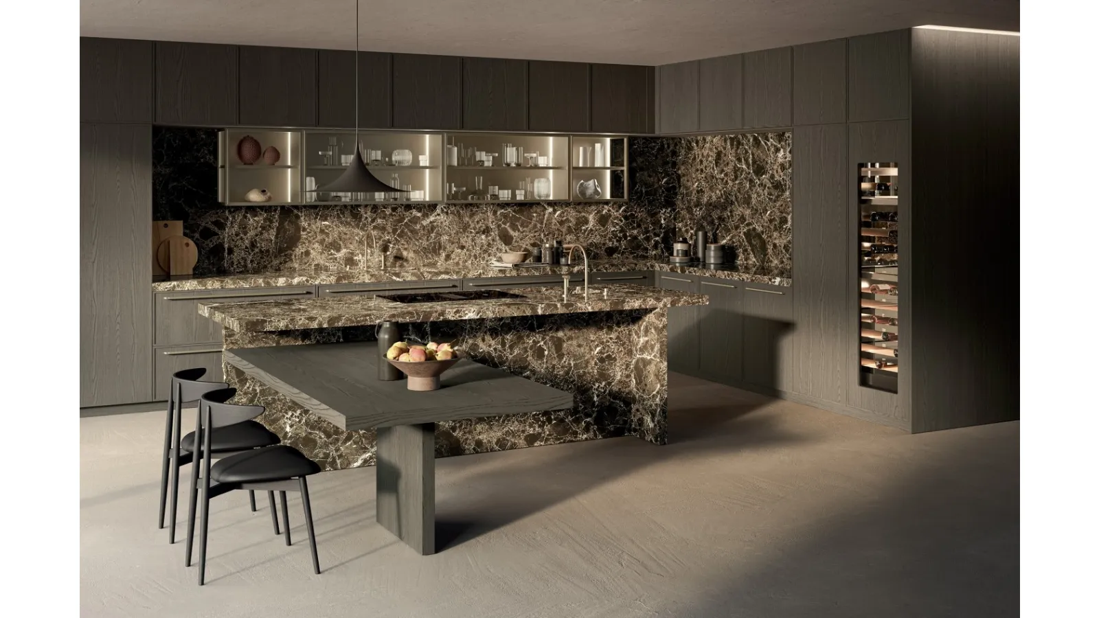 Margo Project 3 Design Kitchen in Sandblasted Lead Oak and Polished Emperador Marble by Euromobil