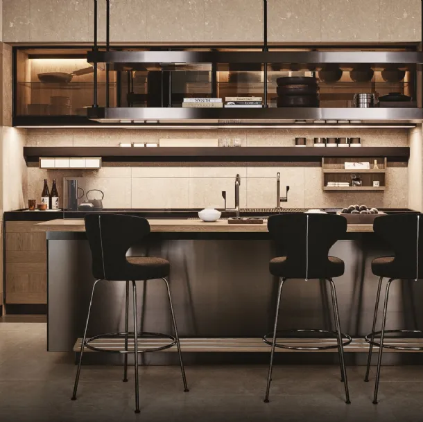 Design Kitchen in wood and steel with Principia and Convivium peninsula by Arclinea