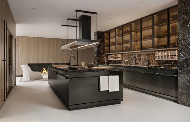 Design Kitchen with Proxima island in stainless steel with marble top and backsplash by Arclinea