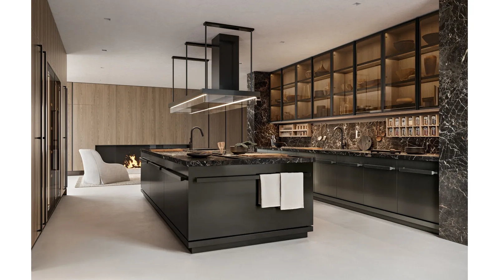 Design Kitchen with Proxima island in stainless steel with marble top and backsplash by Arclinea
