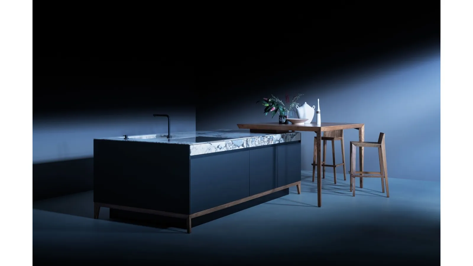 Design Kitchen with Fenix laminate island, natural marble stone countertop, and natural Elm wood peninsula by Sei Project 3 di Euromobil