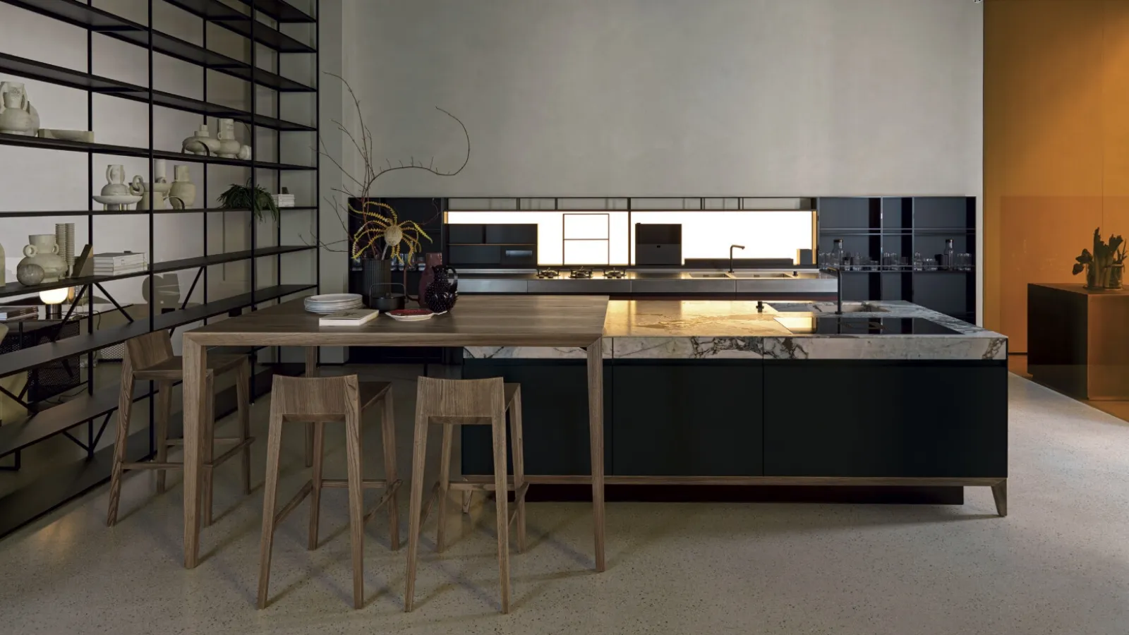 Design Kitchen with Six Project 5 Island in Fenix Laminate and Euromobil Natural Marble Stone Top
