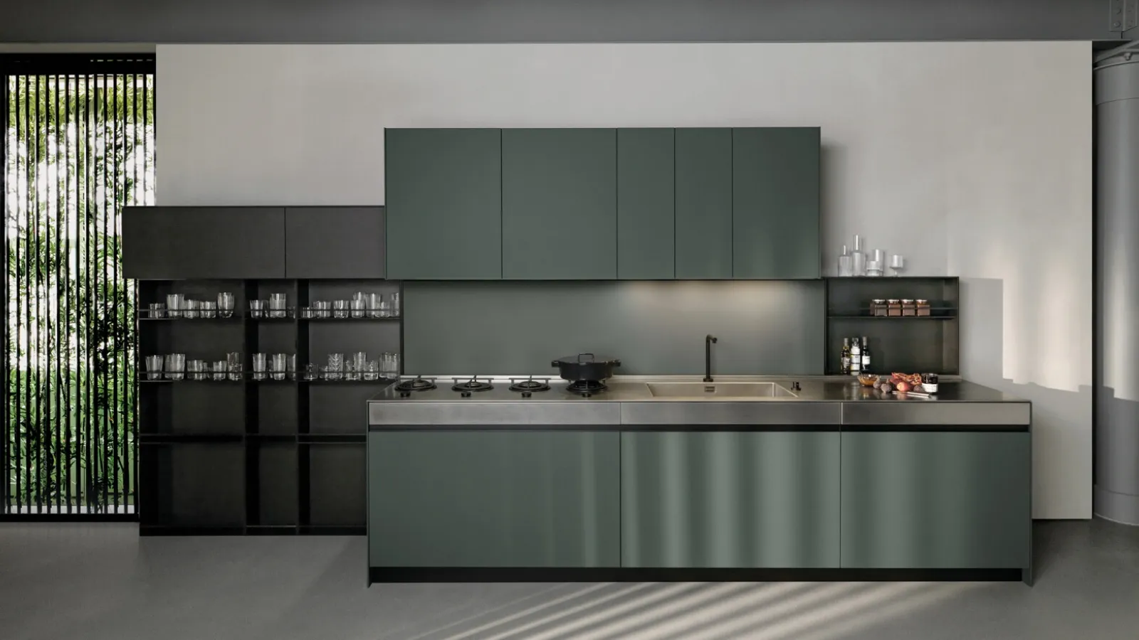 Linear Design Kitchen Sei Project 2 in Fenix laminate and Euromobil aged steel top
