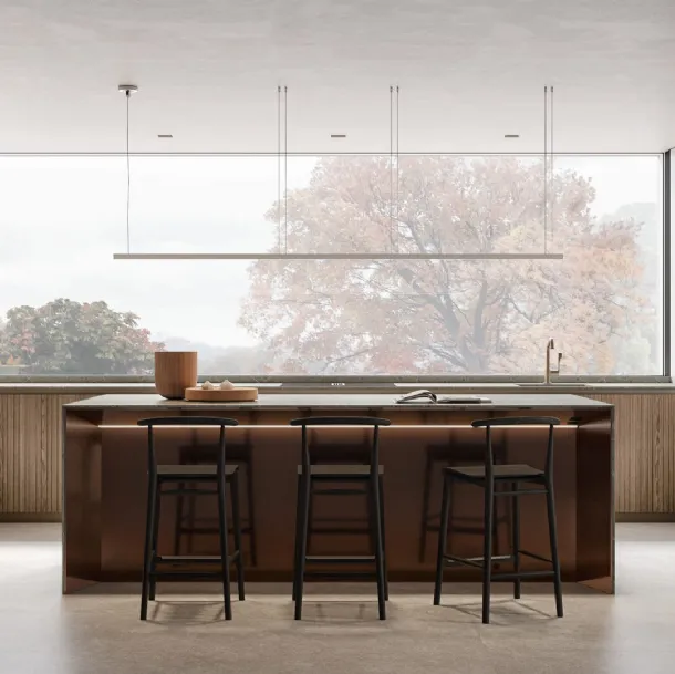 Arclinea Thea angular slatted wood design kitchen with island