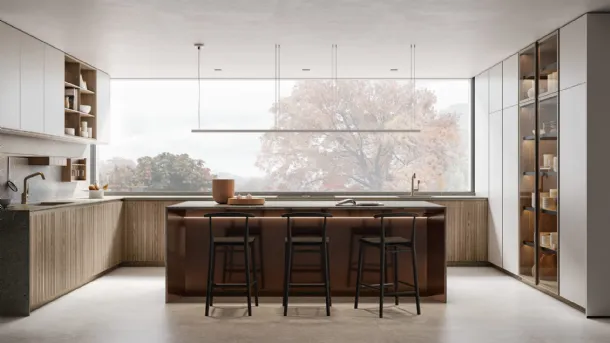 Arclinea Thea angular slatted wood design kitchen with island