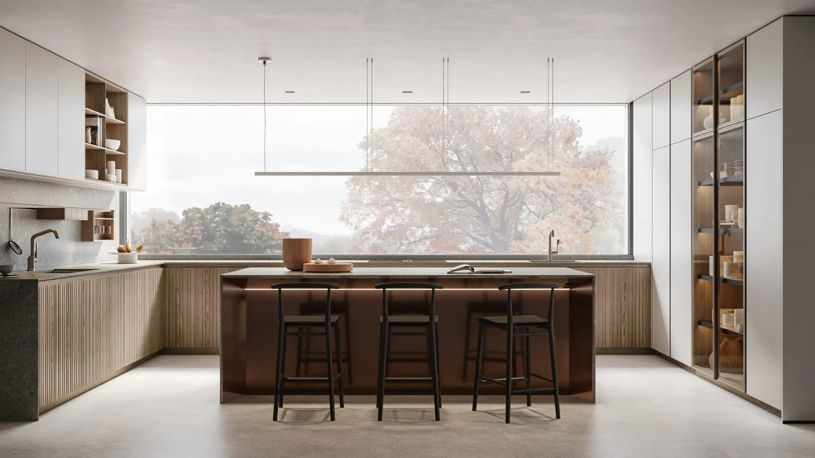 Arclinea Thea angular slatted wood design kitchen with island
