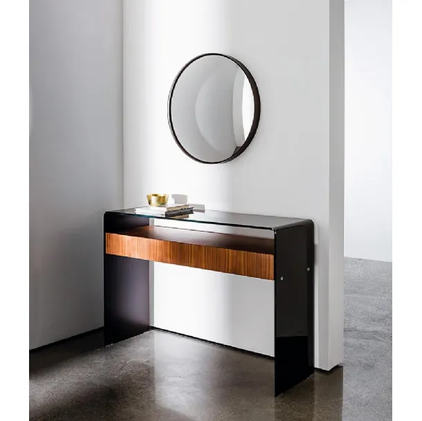 Bridge Entryway Console with Curved Glass and Canaletto Walnut Drawer Unit