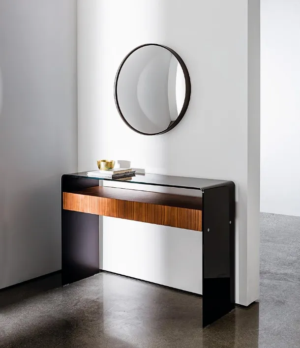 Bridge Entryway Console with Curved Glass and Canaletto Walnut Drawer Unit