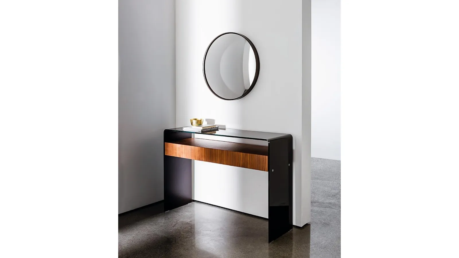 Bridge Entryway Console with Curved Glass and Canaletto Walnut Drawer Unit