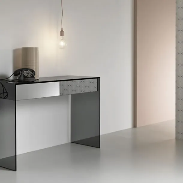 Gotham entryway console in glass with wooden drawers and mirrored finish by Tonelli