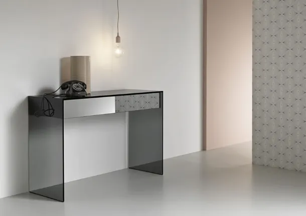 Gotham entryway console in glass with wooden drawers and mirrored finish by Tonelli