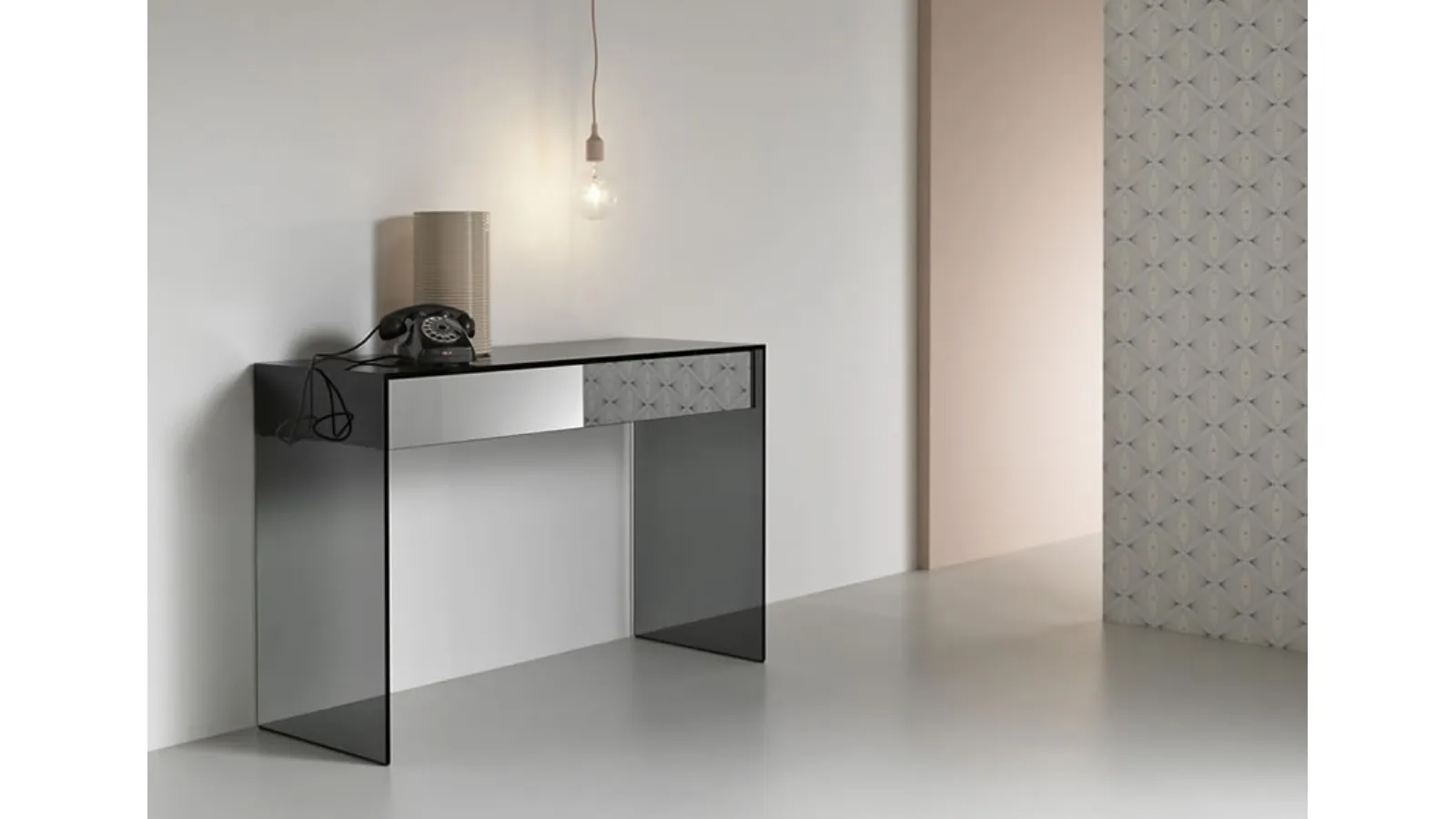 Gotham entryway console in glass with wooden drawers and mirrored finish by Tonelli
