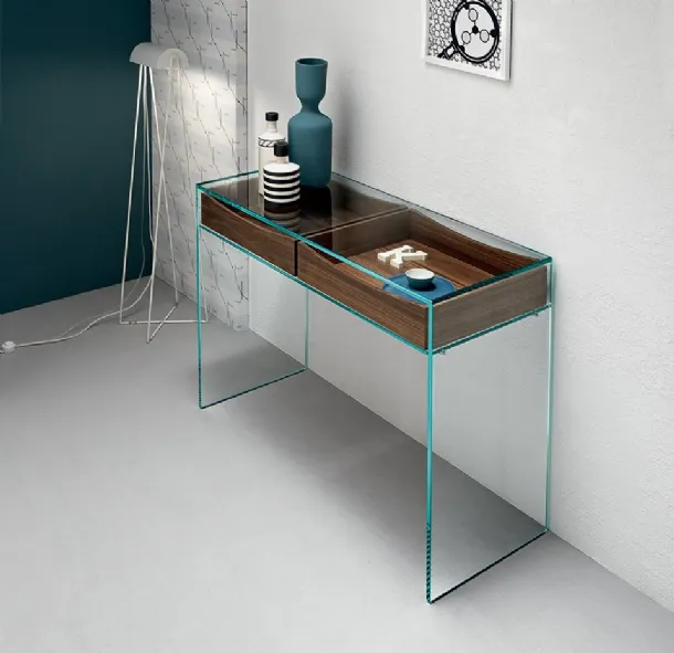 Gulliver 2 glass bridge entrance console with wooden drawers by Tonelli