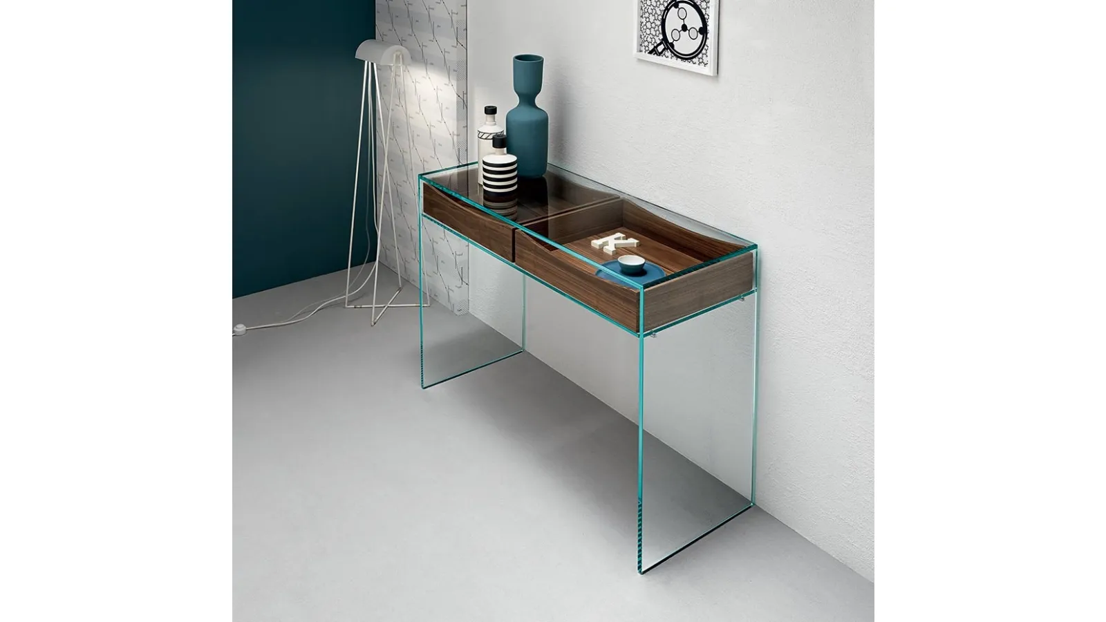 Gulliver 2 glass bridge entrance console with wooden drawers by Tonelli