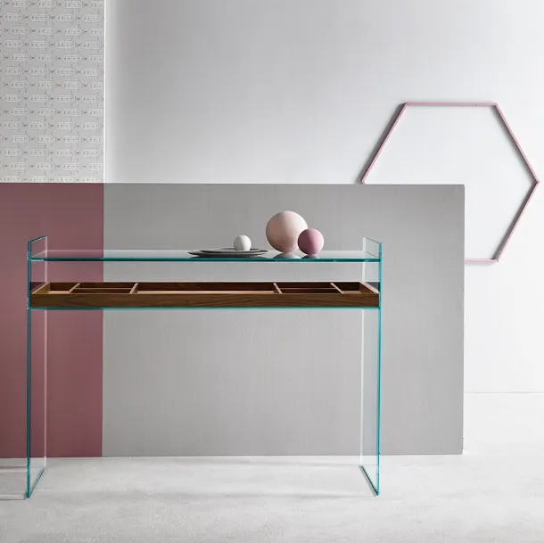 Glass entryway console with wooden drawer Quiller by Tonelli