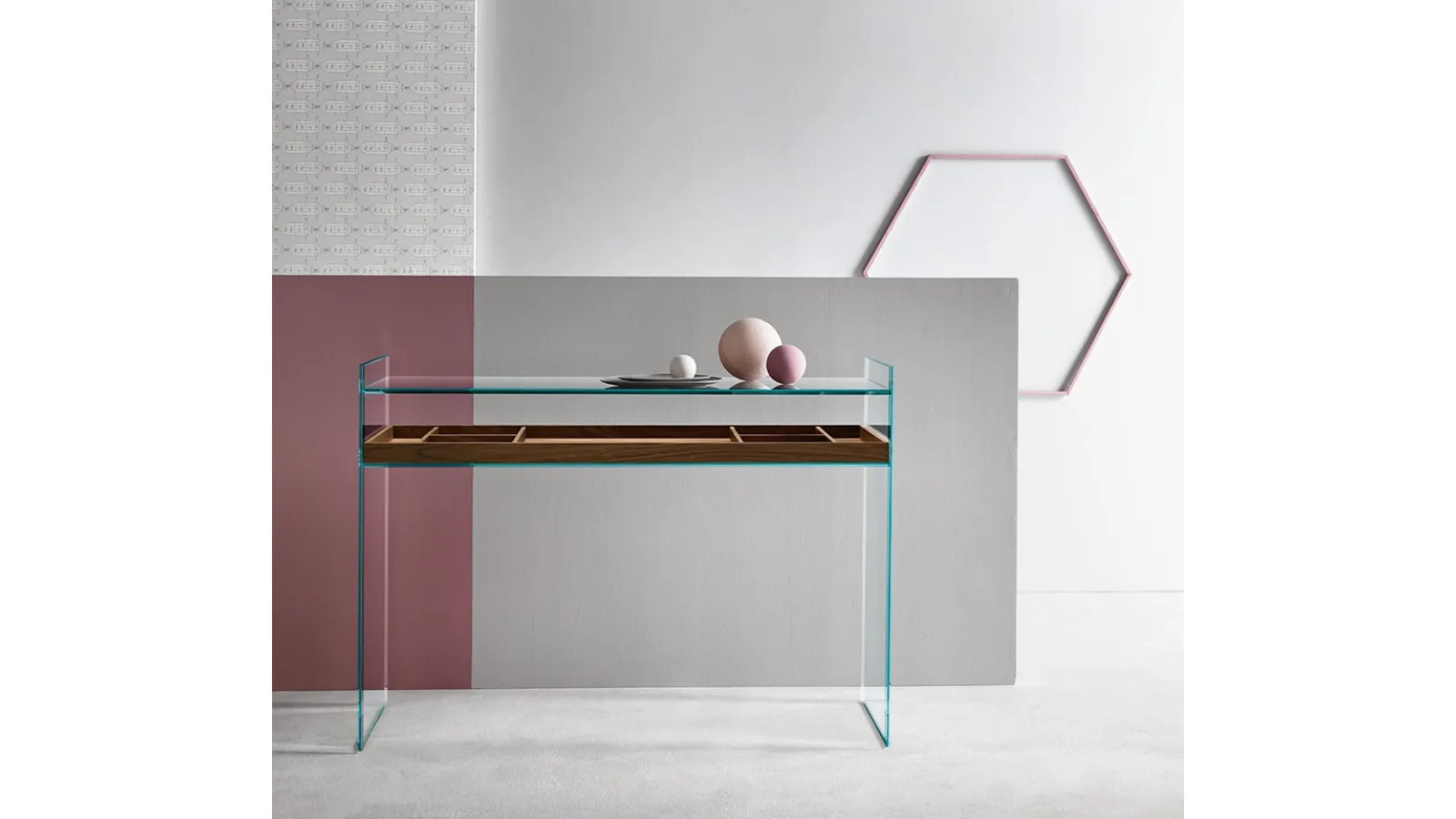 Glass entryway console with wooden drawer Quiller by Tonelli