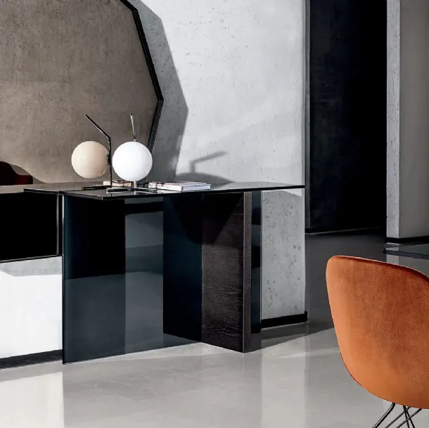 Regolo Entryway Cabinet with Smoked Glass Top and Black Lacquered Wood and Glass Base
