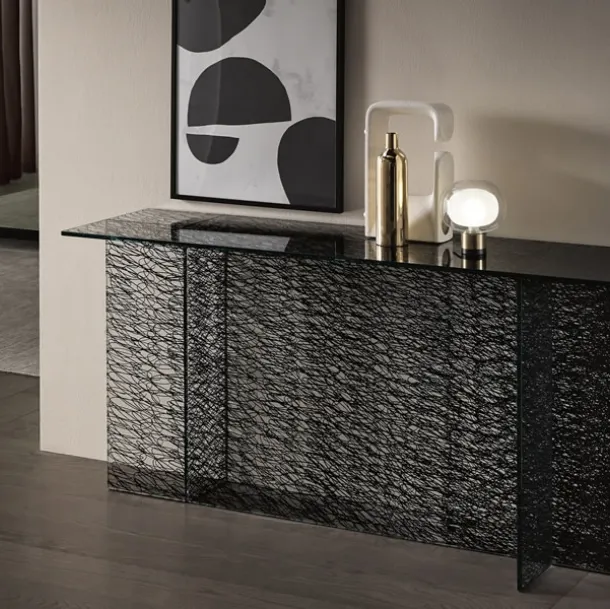 Glass entryway console with digital graphics Sestante by Tonelli