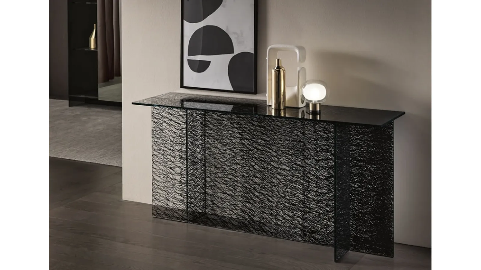 Glass entryway console with digital graphics Sestante by Tonelli