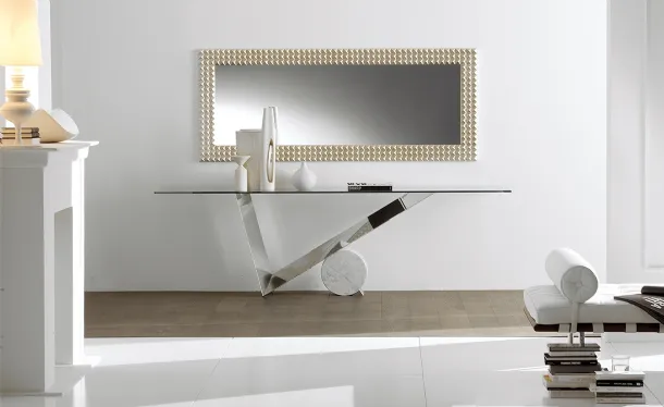 Console with a polished stainless steel base and a Valentinox crystal top by Cattelan Italia