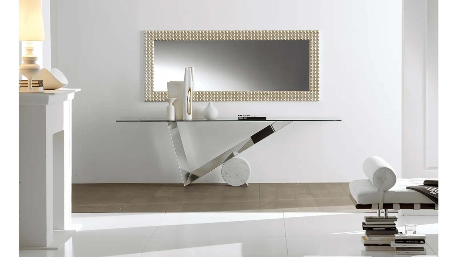 Console with a polished stainless steel base and a Valentinox crystal top by Cattelan Italia