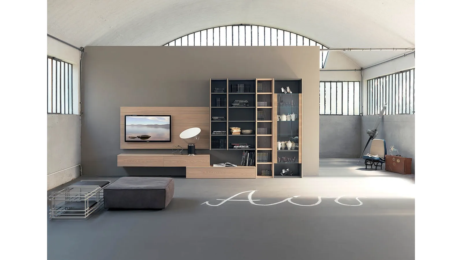 Edis 02 Wall Unit in Elm and Slate Lacquered by Fimar