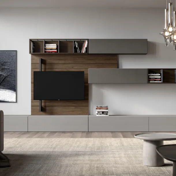 Rebel Living 01 Wall Unit in matte lacquer, wood, glass, and iron by Fimar