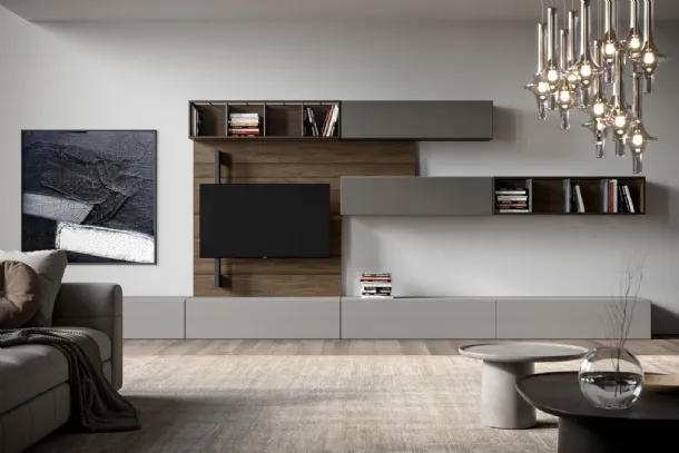 Rebel Living 01 Wall Unit in matte lacquer, wood, glass, and iron by Fimar
