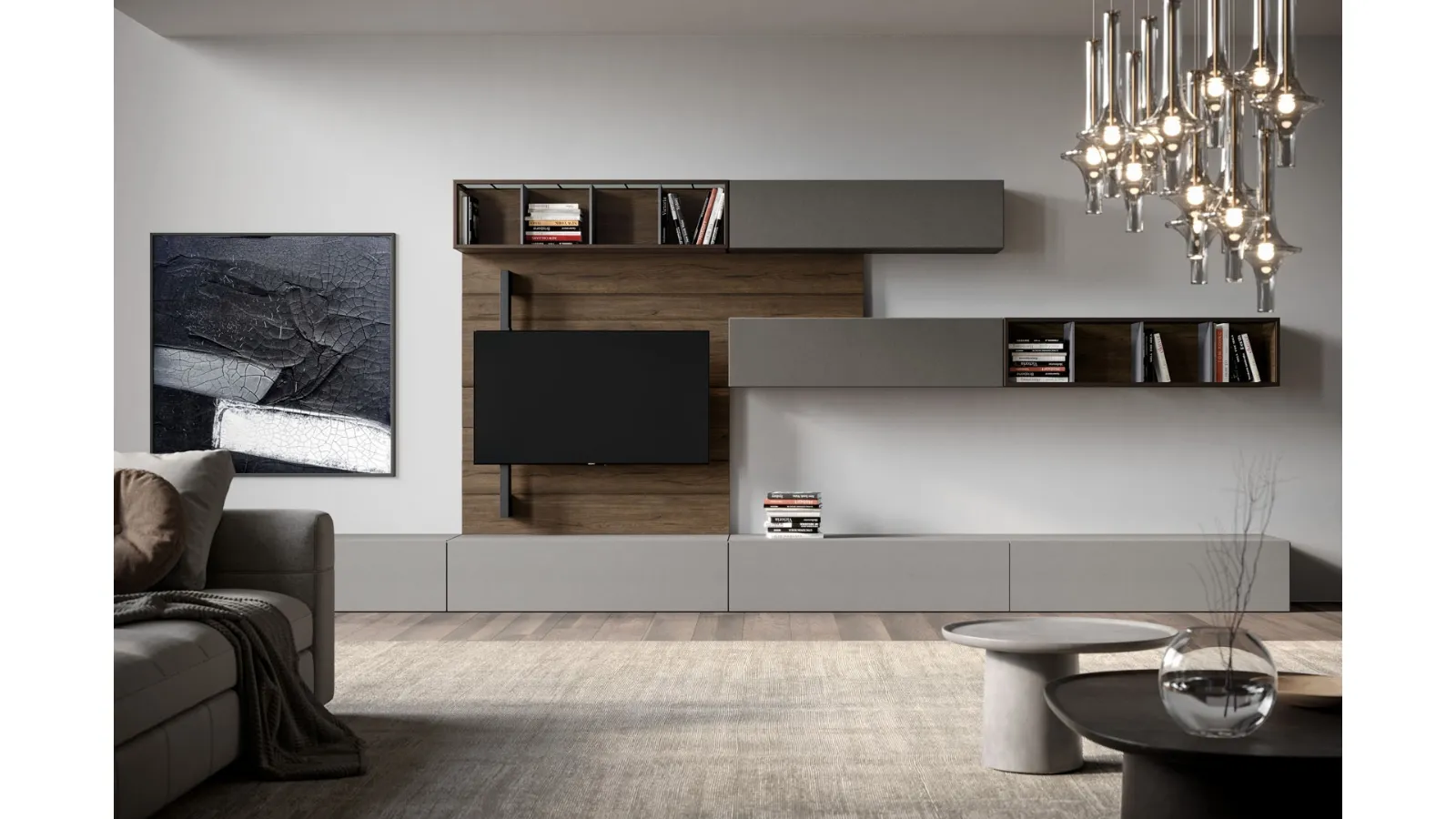 Rebel Living 01 Wall Unit in matte lacquer, wood, glass, and iron by Fimar