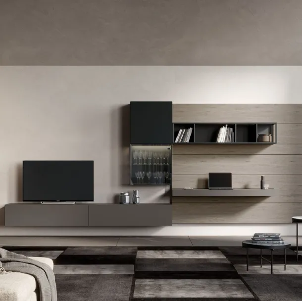 Rebel Living 02 Wall Unit in Matte Lacquer, Wood and Glass by Fimar