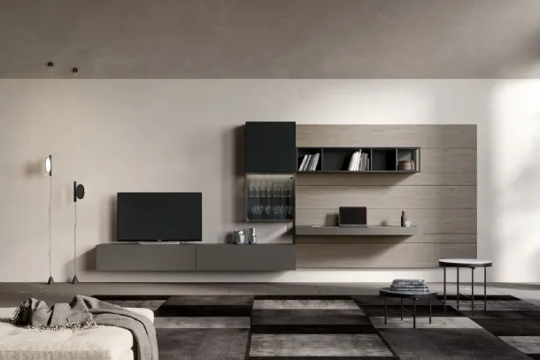 Rebel Living 02 Wall Unit in Matte Lacquer, Wood and Glass by Fimar