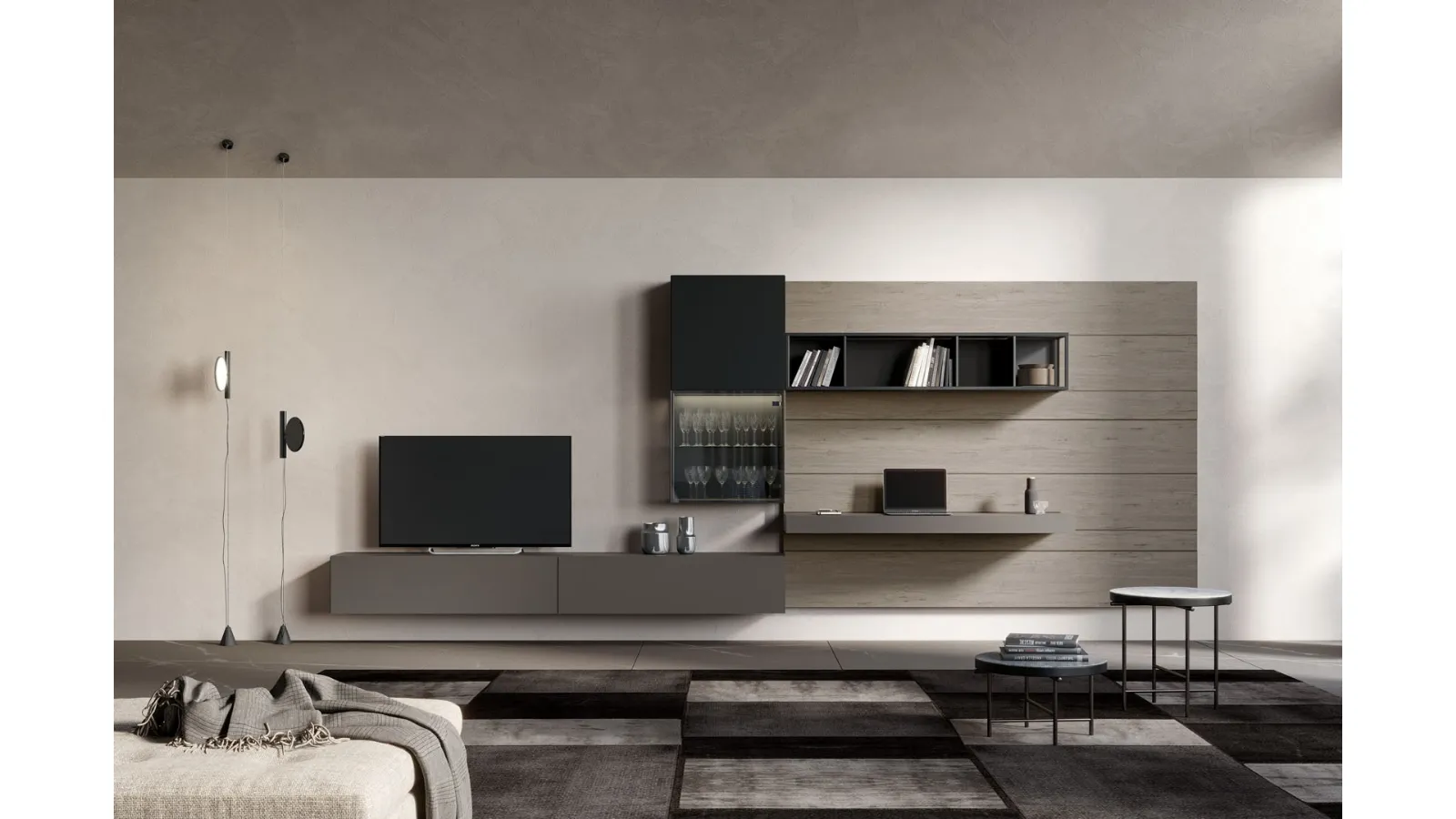 Rebel Living 02 Wall Unit in Matte Lacquer, Wood and Glass by Fimar