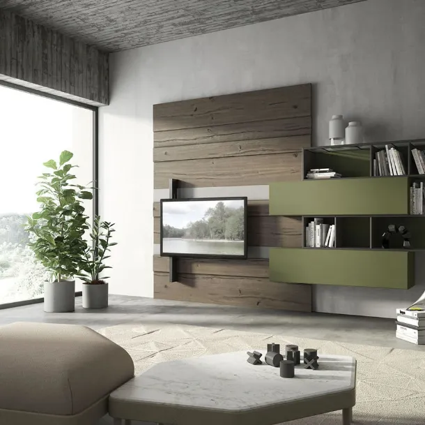 Rebel R01 Wall Unit in matte ash lacquer and wood and oak with glass and iron details by Fimar