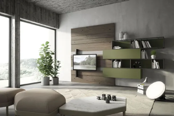 Rebel R01 Wall Unit in matte ash lacquer and wood and oak with glass and iron details by Fimar