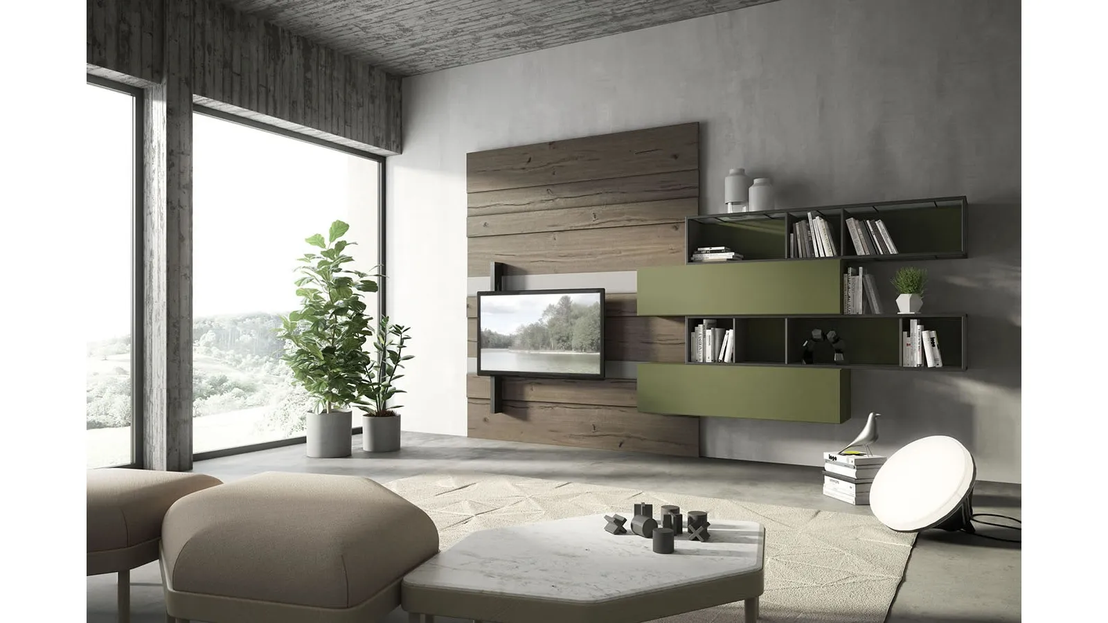 Rebel R01 Wall Unit in matte ash lacquer and wood and oak with glass and iron details by Fimar