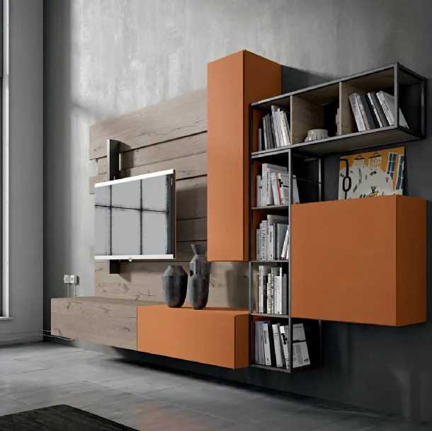 Rebel R 02 Wall Unit in Matte Brick Lacquer and Oak by Fimar