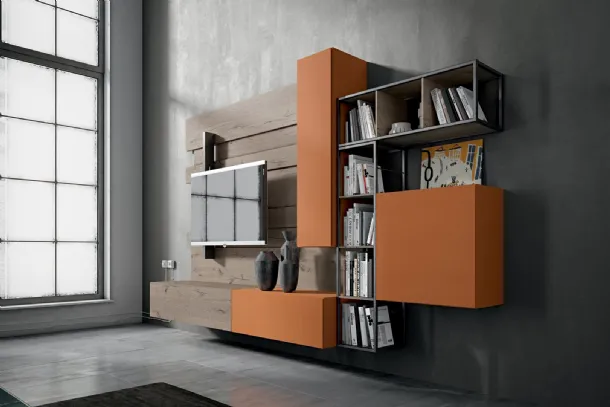 Rebel R 02 Wall Unit in Matte Brick Lacquer and Oak by Fimar