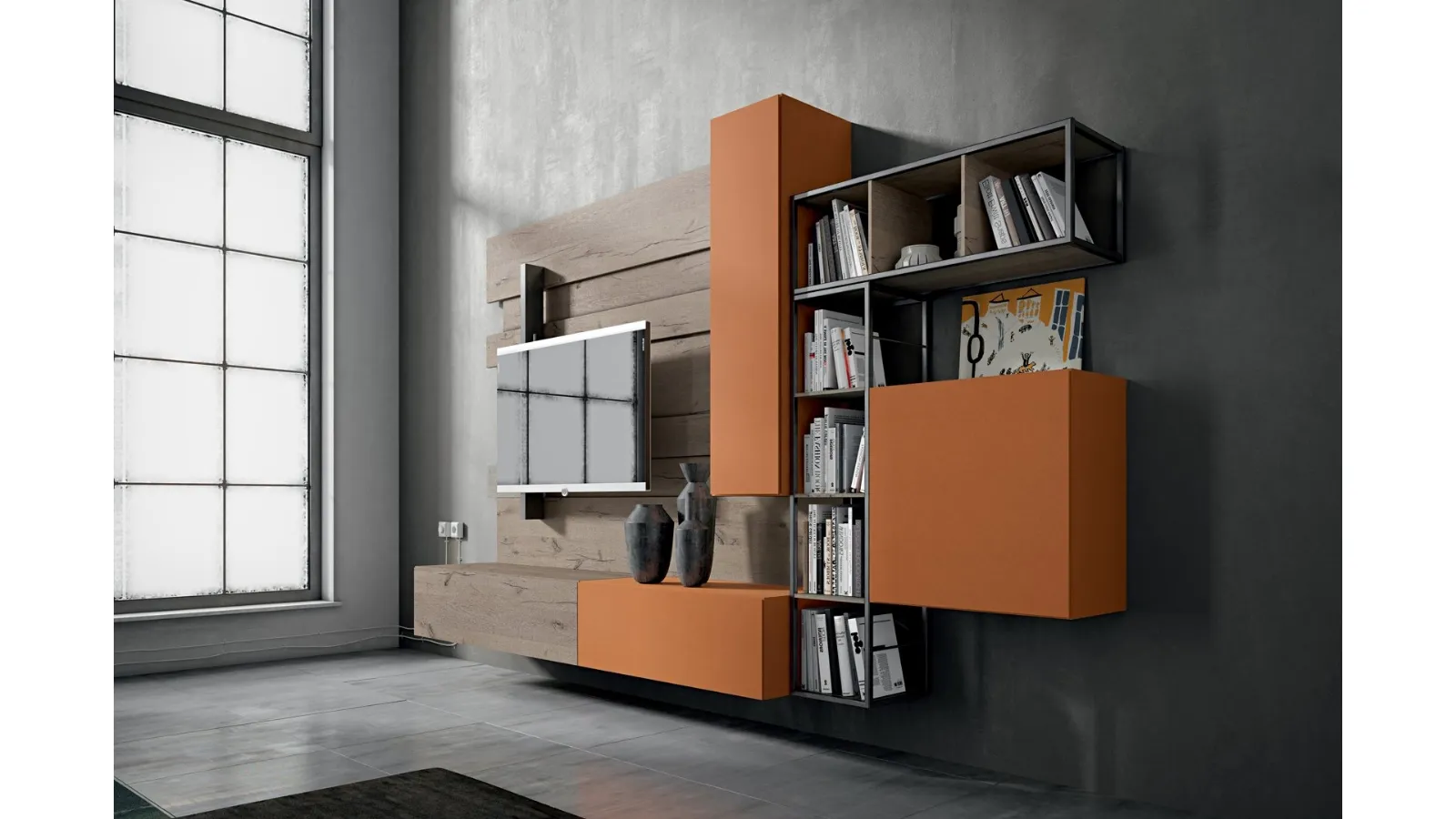 Rebel R 02 Wall Unit in Matte Brick Lacquer and Oak by Fimar